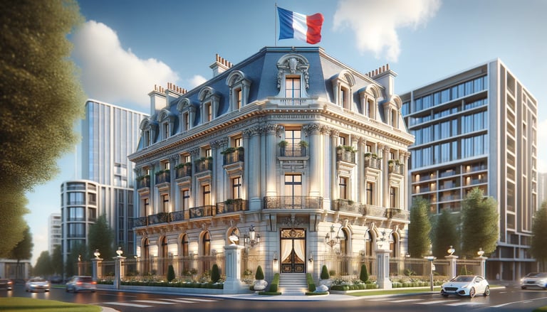 Centre des impôts français avec drapeau tricolore