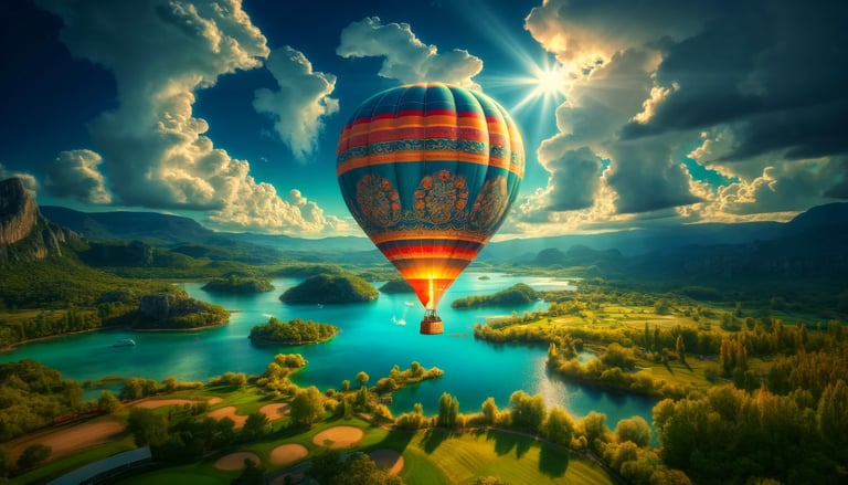 Montgolfière qui survole un paysage paradisiaque