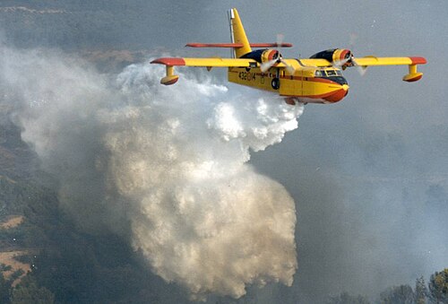 A Canadair releasing watr on a fire