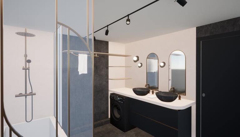 Vue complète d'une salle de bain avec le pommeau de douche doré, le meuble évier et des miroirs