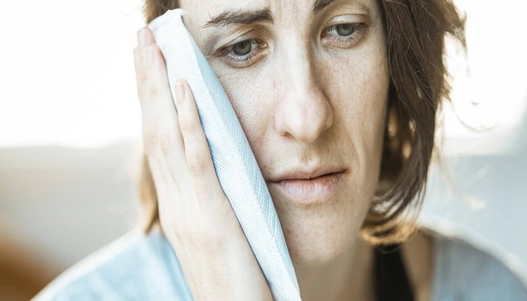 a woman with a towel on her head, in pain