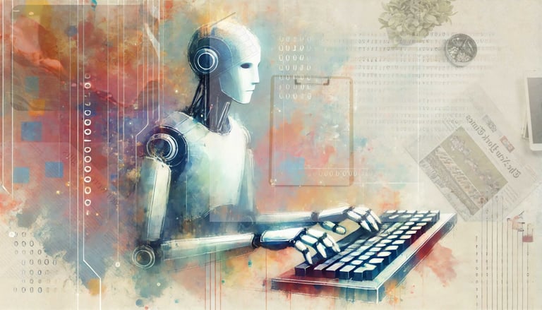Robot typing with a transparent newspaper background featuring articles on Simcaart.com.