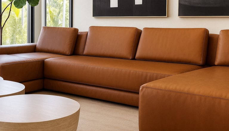 Tan leather sectional sofa with clean lines, by Solo Home Decor in a modern space.