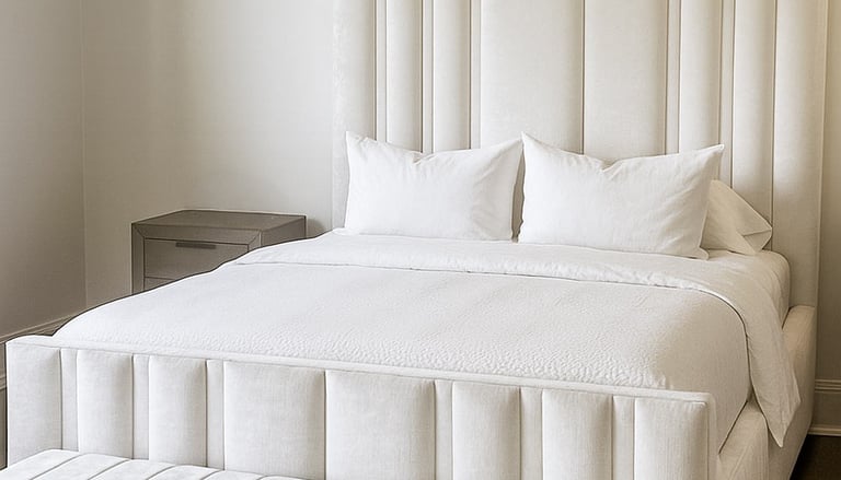 Bedroom with vertical upholstered wall panels in a soft neutral tone by Solo Home Decor