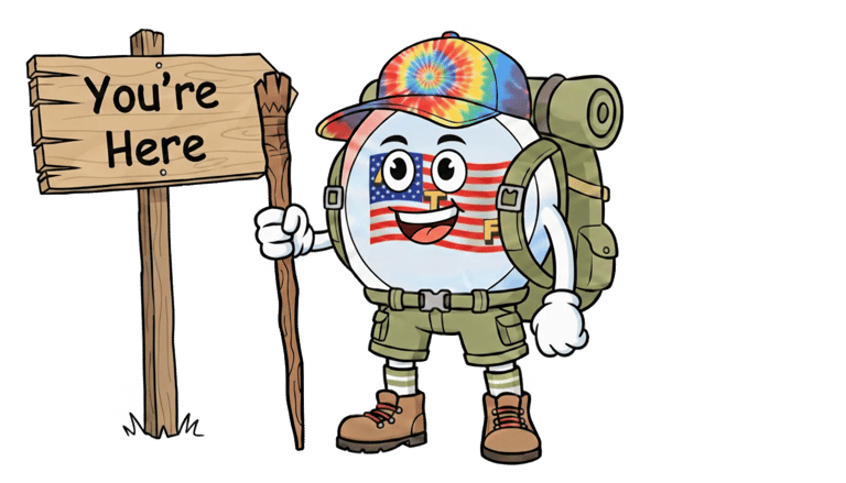 American Travel Fun hiker mascot with a backpack next to a wooden trail sign that says 'You're Here.