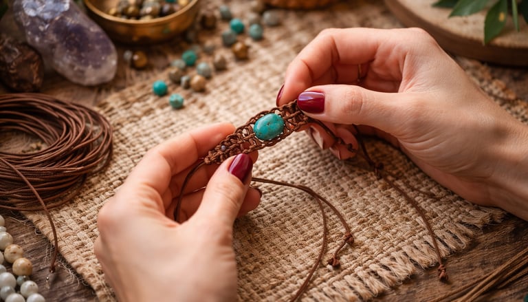 Pulsera tejida de macramé con una turquesa en el centro