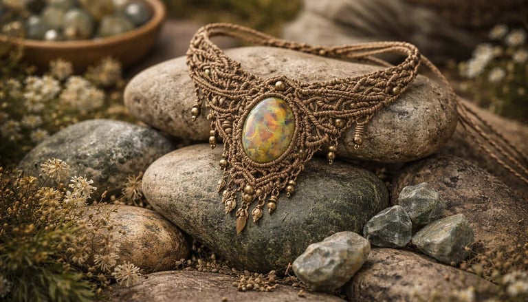 Collar de macramé tejido a mano con pieza montada en el centro, sobre un ambiente natural