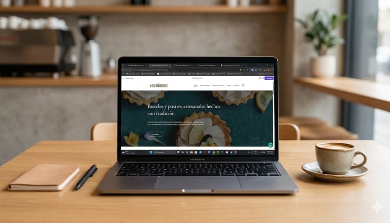 MacBook Pro sobre una mesa de madera mostrando el sitio web de una reposteria tradicional