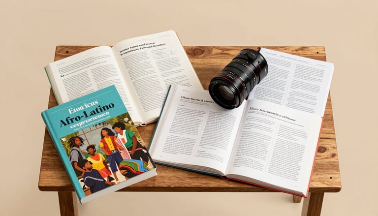 A clean, artistic flat-lay of educational books and research materials on Afro-Latino experiences, on a wooden surface with a soft almond tan background.
