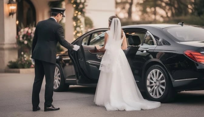 Bride entering a luxury chauffeur driven vehicle for wedding transportation in Toronto
