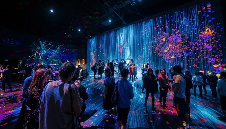 Excited crowd using smartphones for event gamification participation at a large venue in Jakarta