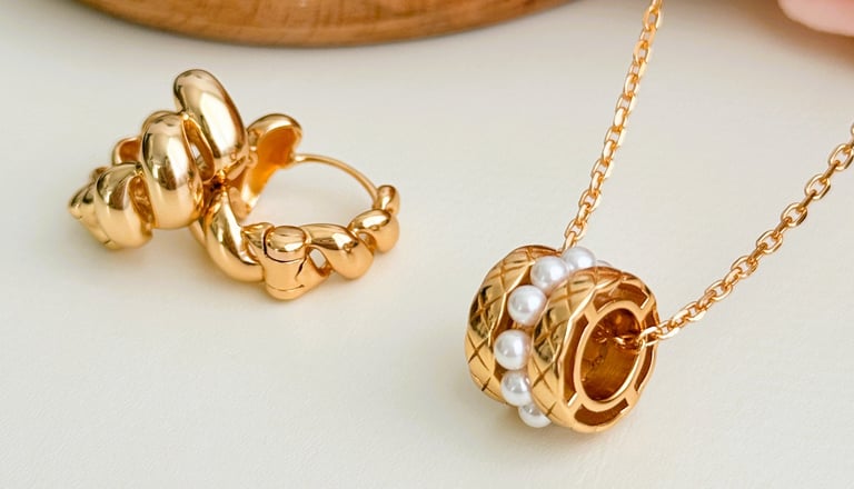 eine goldene Halskette mit Perlen und Perlen daran