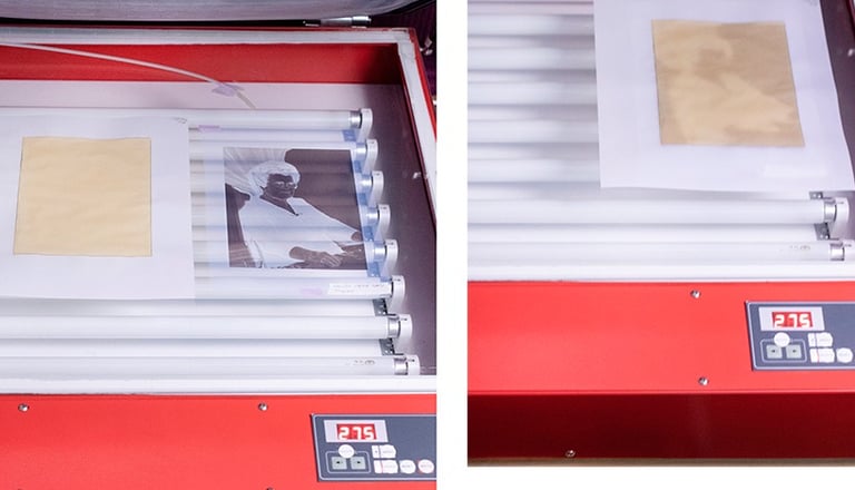 The print with the Platinum solution is placed in a press with UV light and the negative