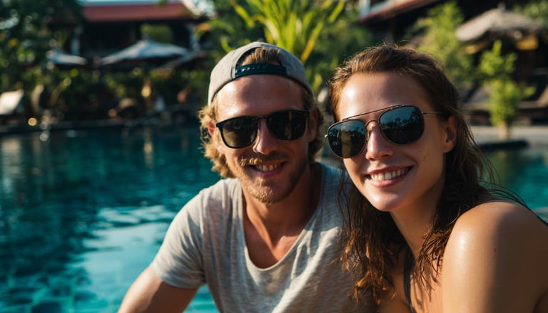 Young expat couple relaxing beside a swimming pool in Cambodia
