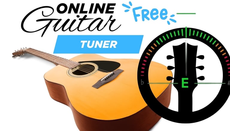 Free online guitar tuner tool showing an acoustic guitar and a digital tuning interface.