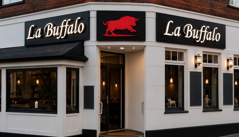 Premium illuminated restaurant signage design for La Buffalo featuring modern outdoor branding and luxury facade advertising.