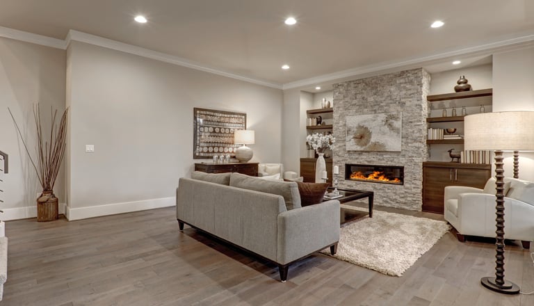 Modern finished 500 square foot basement remodel with open living area.