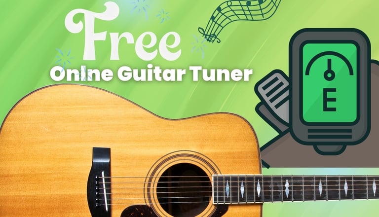 Free online guitar tuner graphic featuring an acoustic guitar and a digital tuner display.