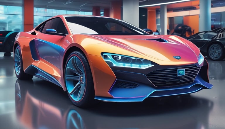 Sporty car with aerodynamic spoilers and polished rims on a city street