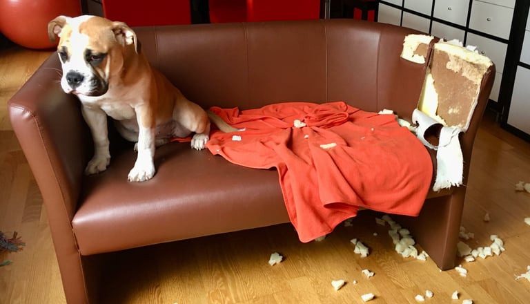 Un bouledogue continental sur un canapé détruit