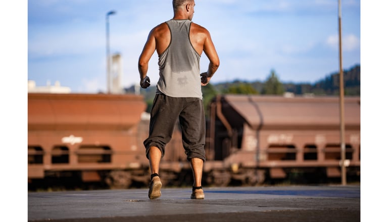 a man in a tank top running on a train track