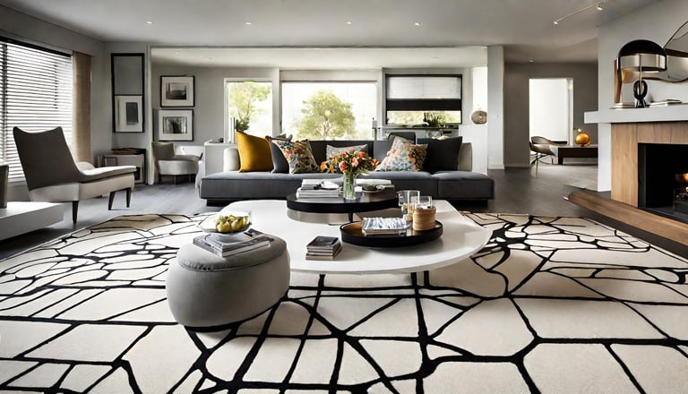 a living room with a large rug and a fireplace