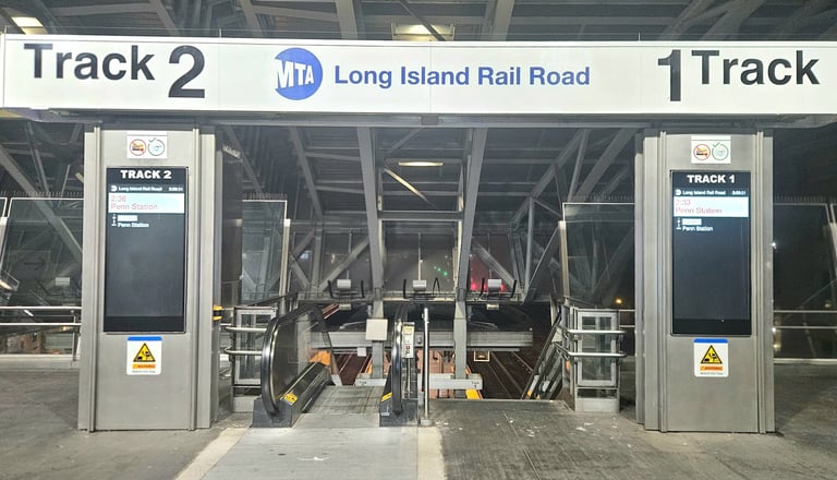 LIRR MTA Platform at Jamica station JFK displaying Tracks 1 and 2 to Penn Station