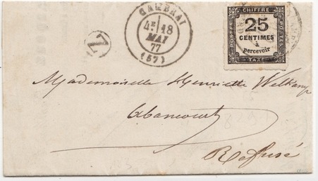 1877: Brief mit Nachporto von CAMBRAI in die Gemeinde ABANCOURT, mit einer Taxe von 25 c belegt