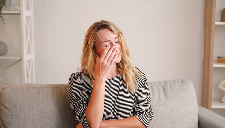 a woman sitting on a couch with her hands on her face