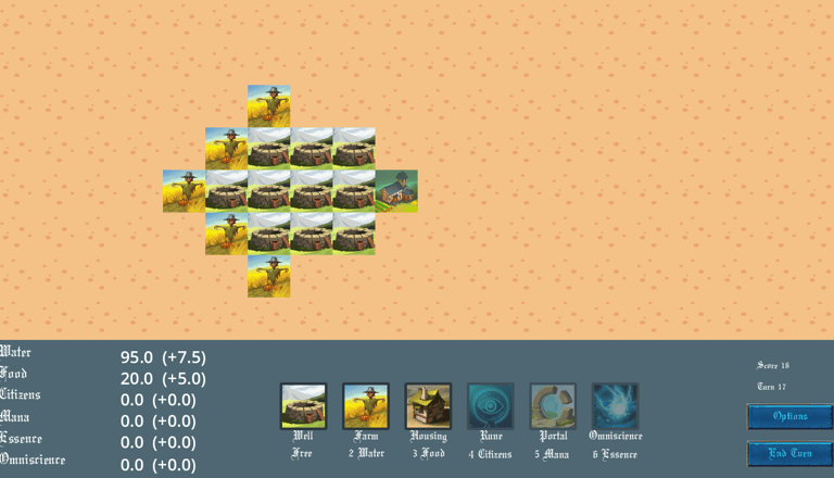 A 2D city-building strategy game interface showing a grid of wells, farms, and a base on a ta