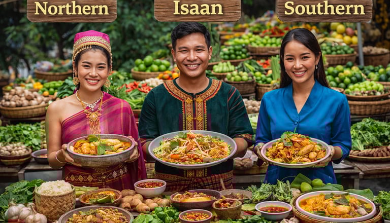 Thai family sharing dishes at an outdoor table, using wai gesture before eating, with spoon-and-fork place settings.