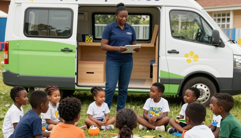 A mobile childcare provider leads an outdoor learning session for children seated in a circle near a pop-up daycare van.