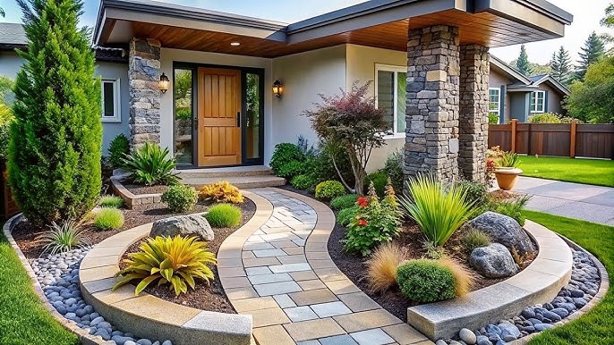 a house with a stone walkway and a stone walkway