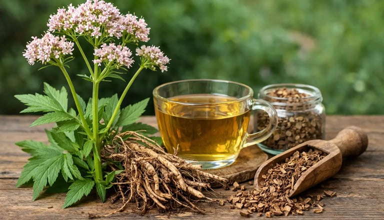 Raiz fresca de valeriana e flores rosas ao lado de uma xícara de chá de ervas sobre uma mesa rústica