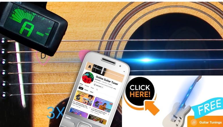 google virtual guitar tuner and smartphone app displaying online guitar tuning videos.