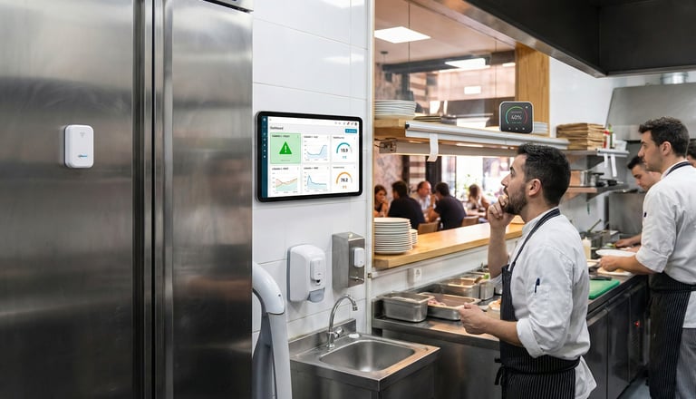 Cocina de restaurante inteligente con sensores IoT en neveras y un dashboard digital para el control