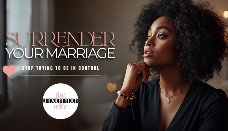 black woman with curly hair with words surrender your marriage, stop, trying to be in control
