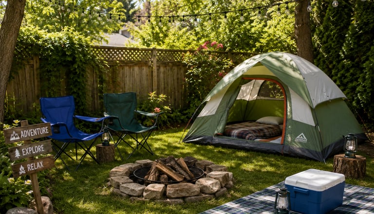 A backyard camping setup with a tent, fire pit, and picnic blanket is the perfect summer activity.