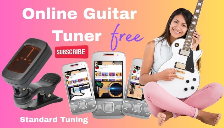 A smiling woman holding a white electric guitar next to a free online guitar tuner mobile phones.