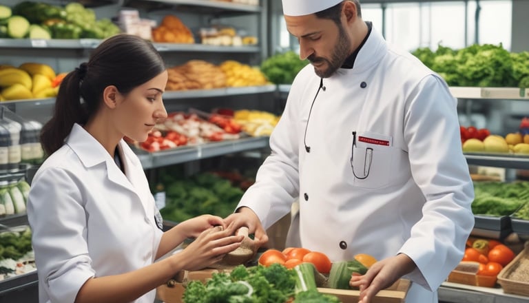 Professional consultant reviewing food safety documents in a laboratory setting.
