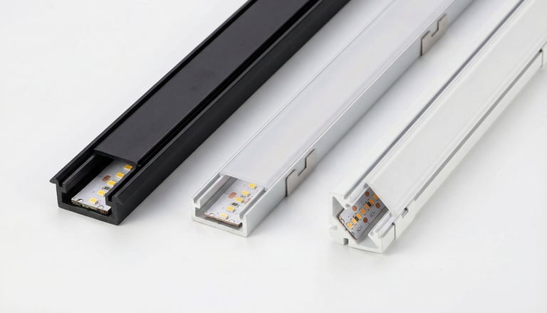 Perfiles de aluminio: modelos de superficie, encastrados y de esquina montados.