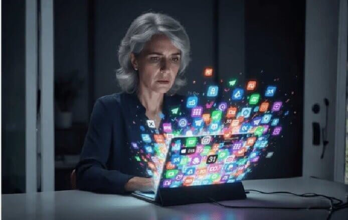 Digital overwhelm - woman engulfed by hundreds of app icons exploding from her laptop screen
