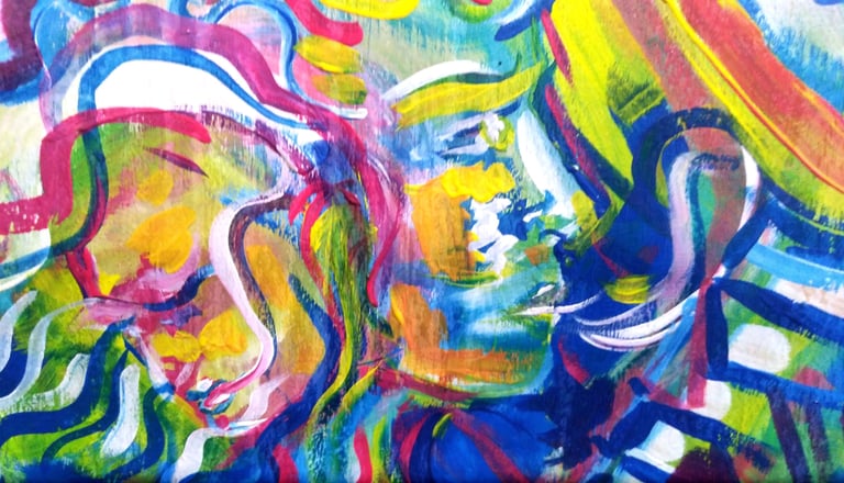 Détails de la peinture Oz Galactic Wizards avec deux visages partant d'un même corps, couleurs vives