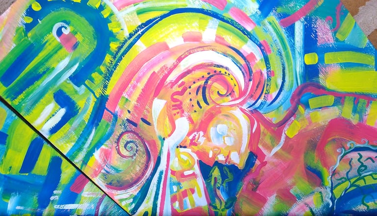 Détail de la peinture Oz Galactic Wizards avec un visage  avec spirale partant du centre de la tête et, couleurs vives
