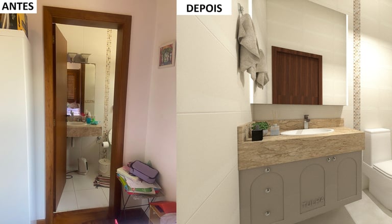 Antes e depois - banheiro de menina