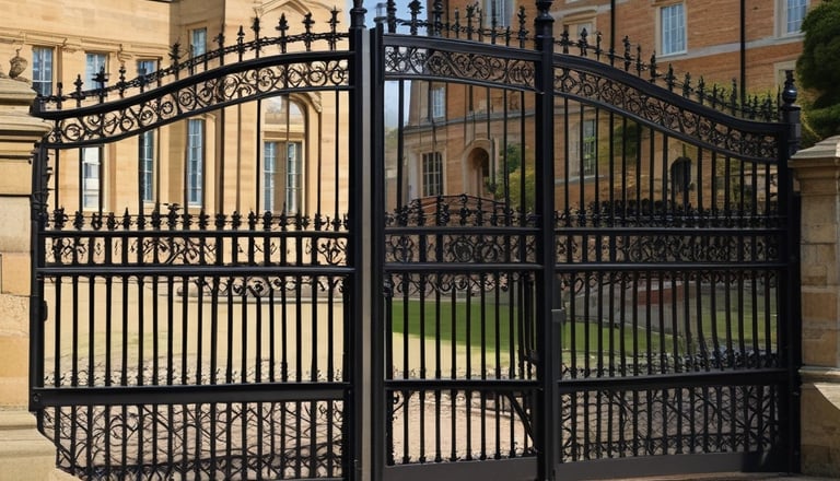 A close-up of a metal gate with intricate designs against a blurred background.