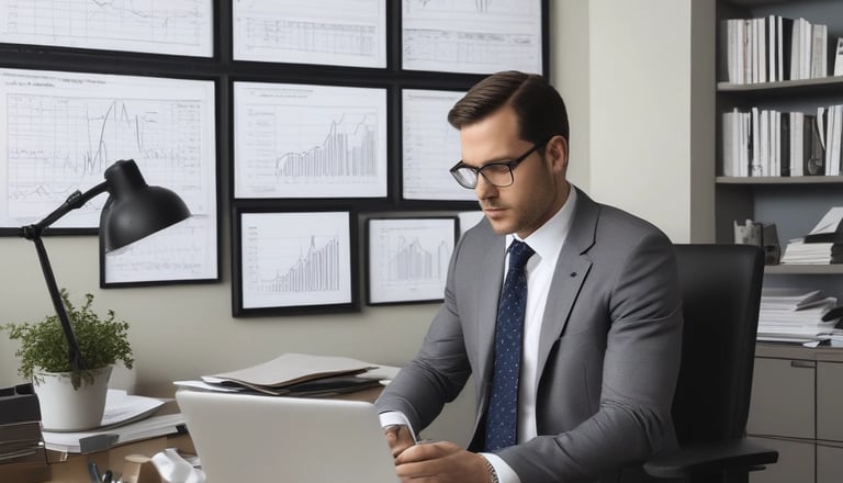 A person is working on a laptop at a wooden table. Next to them is a stack of books relating to business and success, with titles visible such as 'The Warren Buffett Way' and 'The Deals That Made The World'. The setting appears to be professional, possibly an office or study.