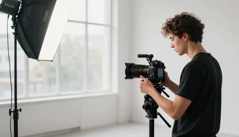 Professional photography of an influencer filming content in a bright, modern minimalist loft with large windows. High-end camera equipment and soft studio lighting are visible, Global / International style.