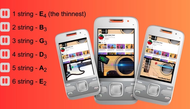 Mobile phones displaying an online guitar tuner app showing standard 6-string tuning notes on a red background.