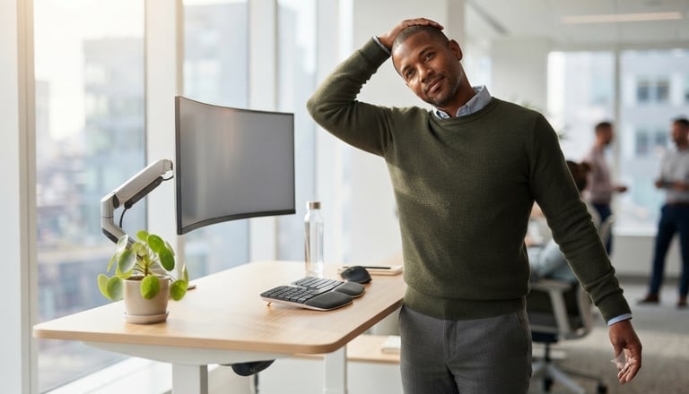 Office worker performing a gentle neck side stretch during a desk break.